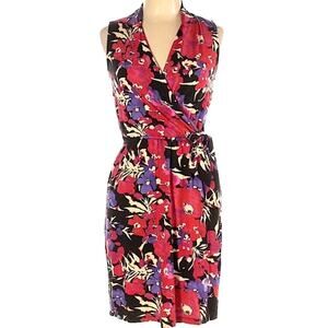 Anne Klein V-Neck Faux Wrap Dress Floral Stretch Sleeveless Large Multi NWOT